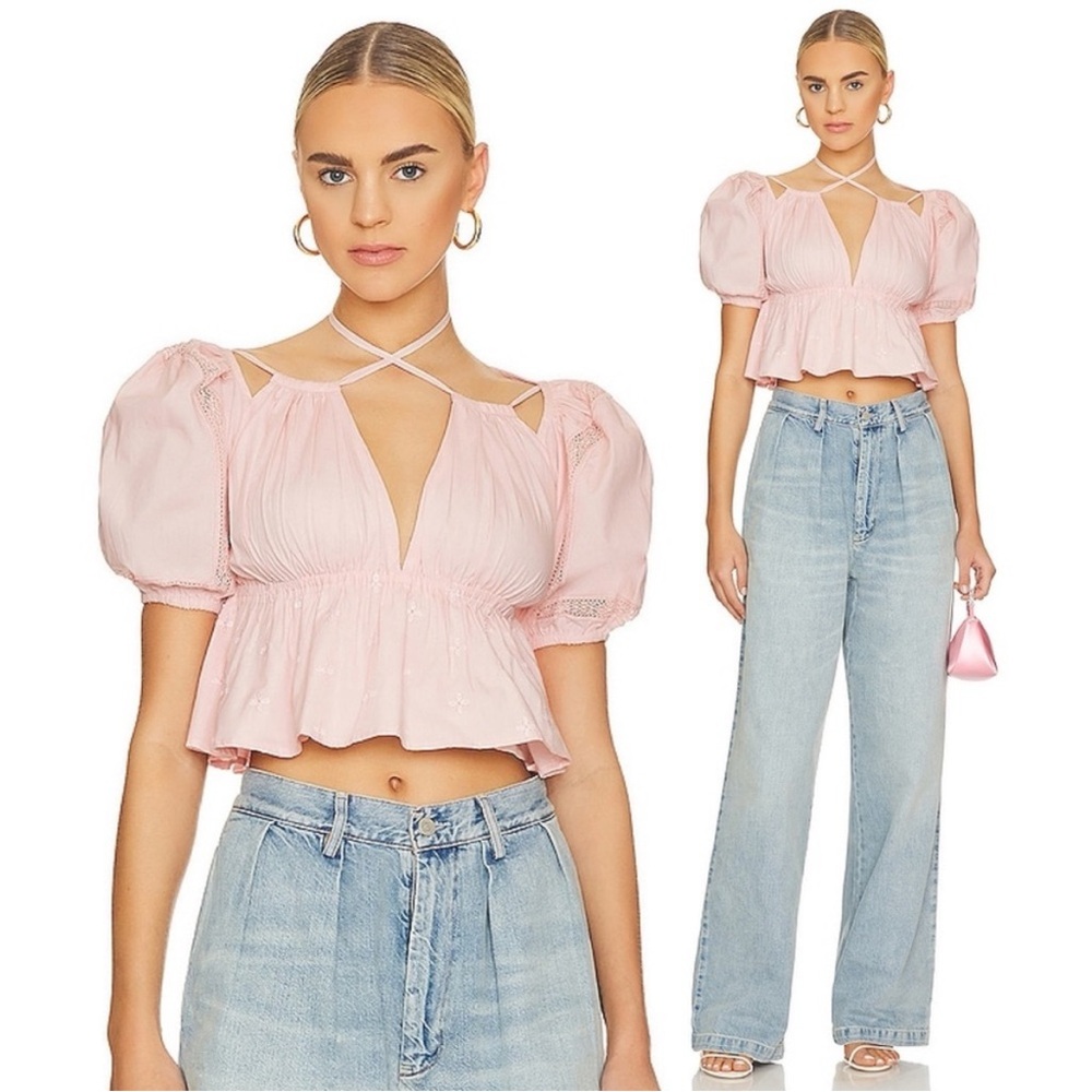 Tularosa x REVOLVE Jeanne Puff Sleeve Cut Out Crop Top in Soft Pink